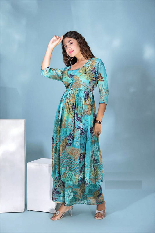 Turquoise Floral Print Chiffon Indo Western Gown