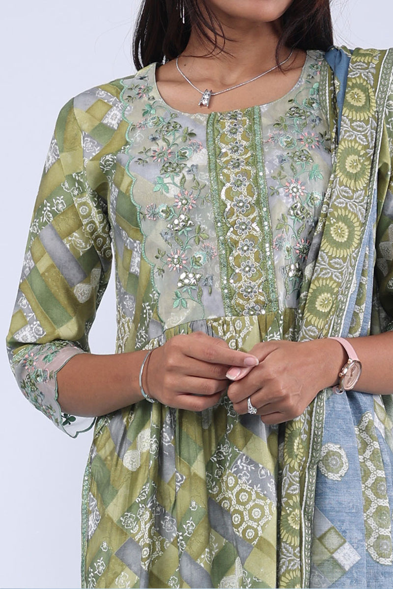 Green Intricate floral & geometric printed Kurta, straight cut pants & printed dupatta